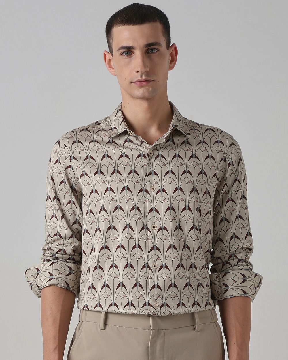 Beige Digital Print Slim Fit Casual Shirt