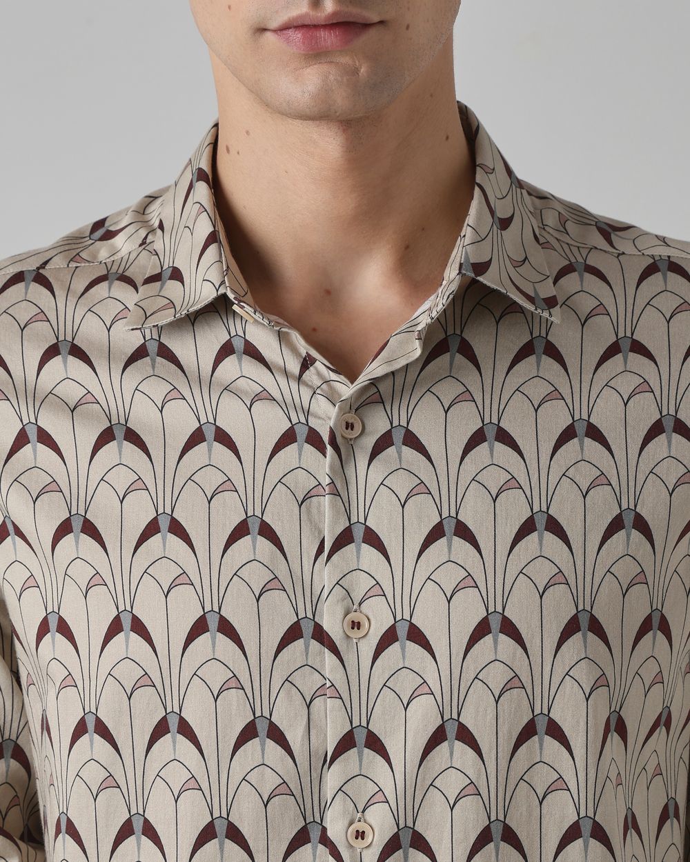 Beige Digital Print Slim Fit Casual Shirt