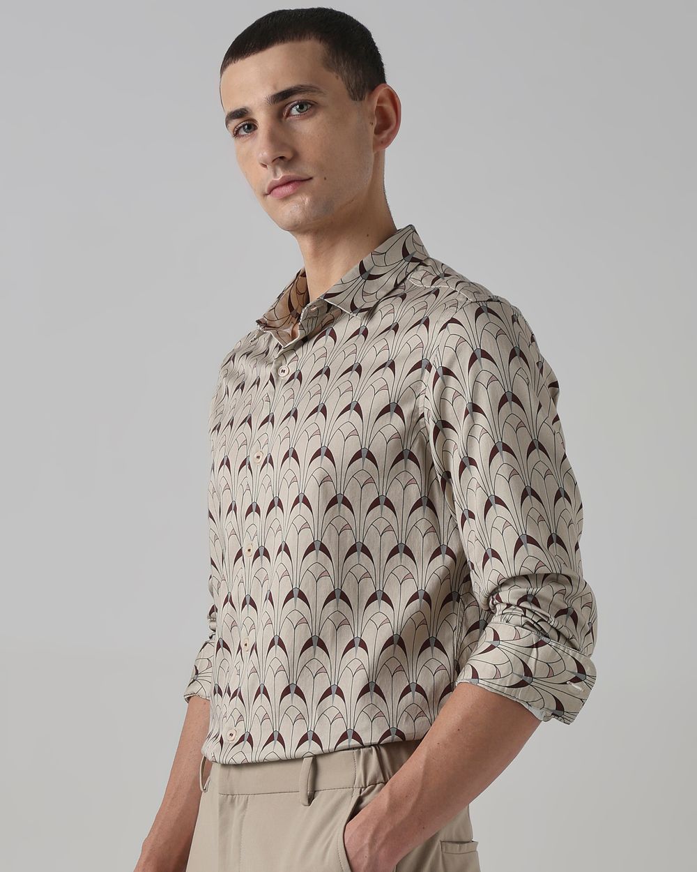 Beige Digital Print Slim Fit Casual Shirt