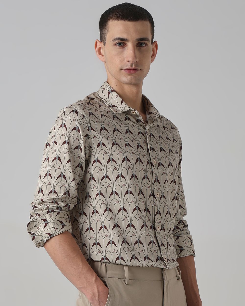 Beige Digital Print Slim Fit Casual Shirt
