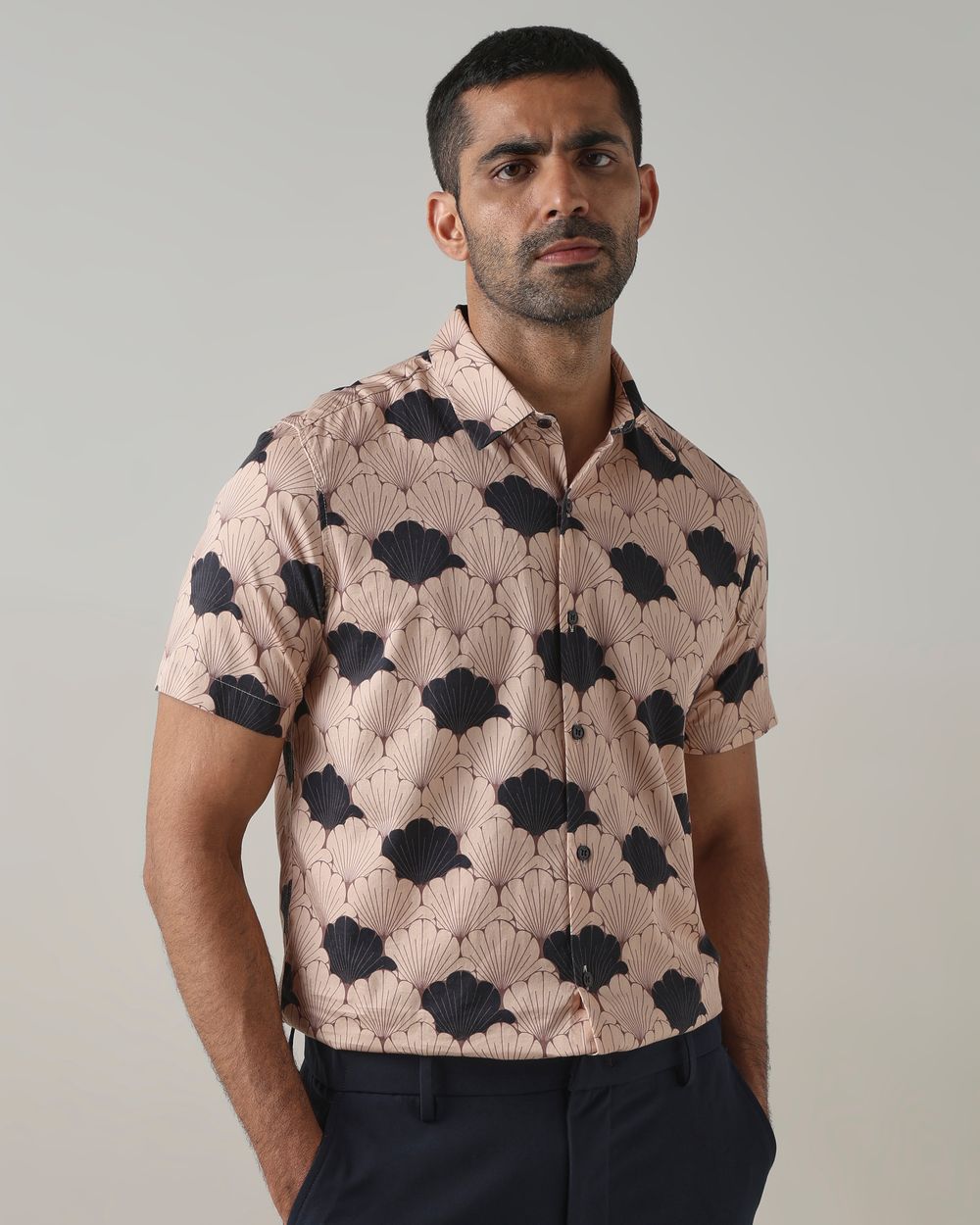 Pastel Pink Abstract Print Slim Fit Casual Shirt