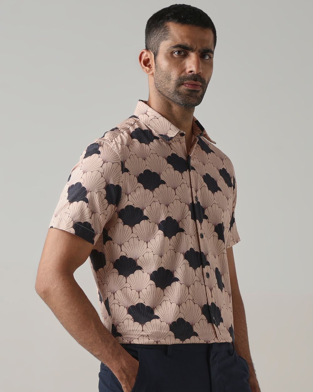 Pastel Pink Abstract Print Slim Fit Casual Shirt