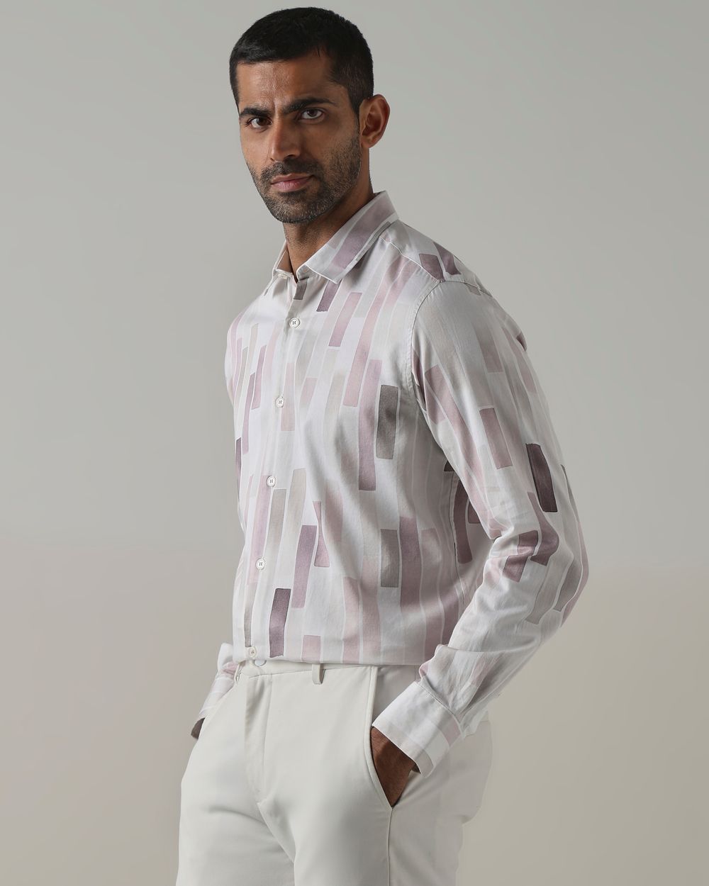 Pastel Pink Digital Print Slim Fit Casual Shirt