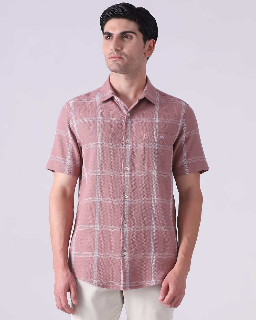 Pink Dobby Check Slim Fit Casual Shirt