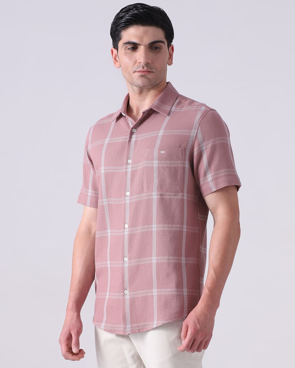 Pink Dobby Check Slim Fit Casual Shirt
