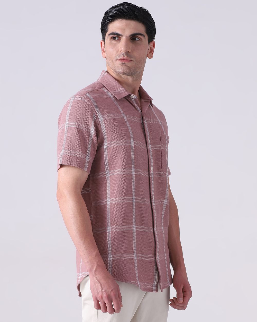 Pink Dobby Check Slim Fit Casual Shirt