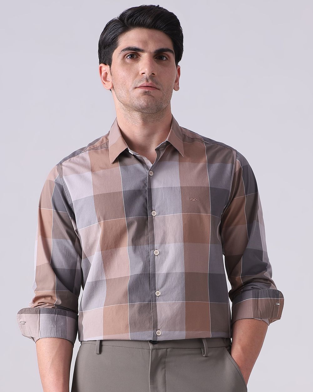 Brown Large Check Slim Fit Casual Shirt
