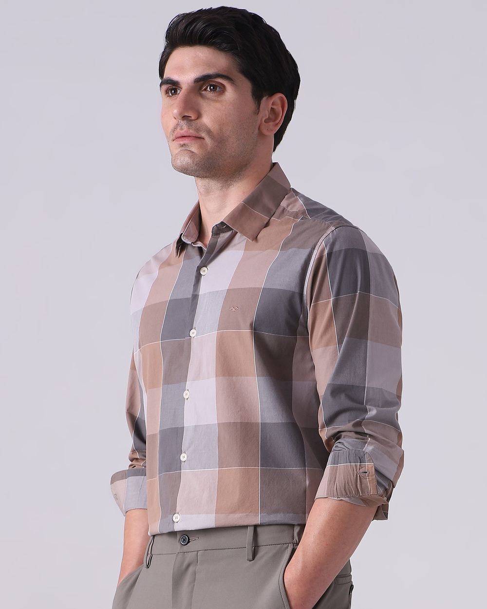 Brown Large Check Slim Fit Casual Shirt