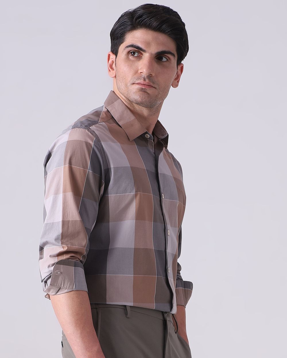 Brown Large Check Slim Fit Casual Shirt