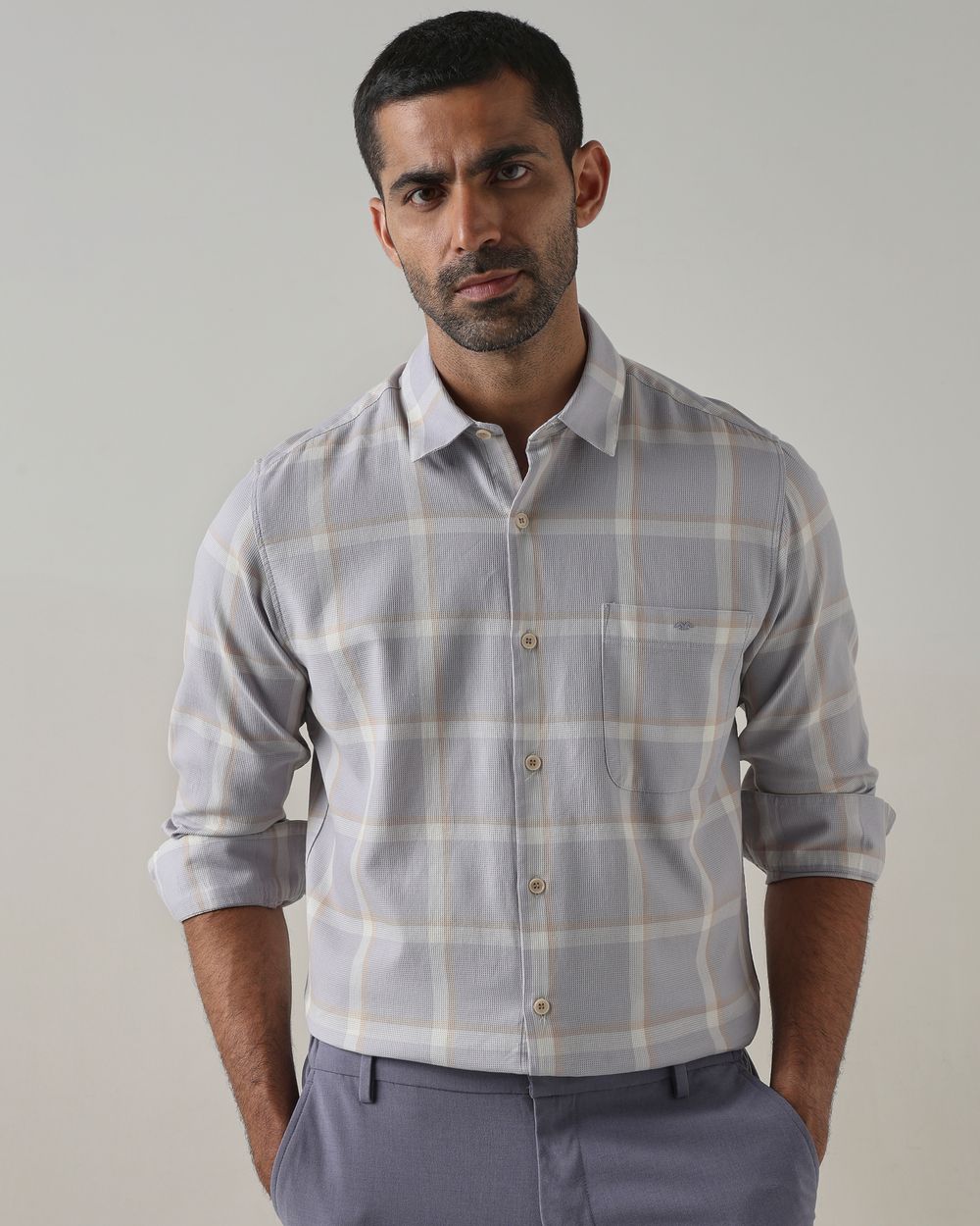 Lilac Textured Check Slim Fit Casual Shirt