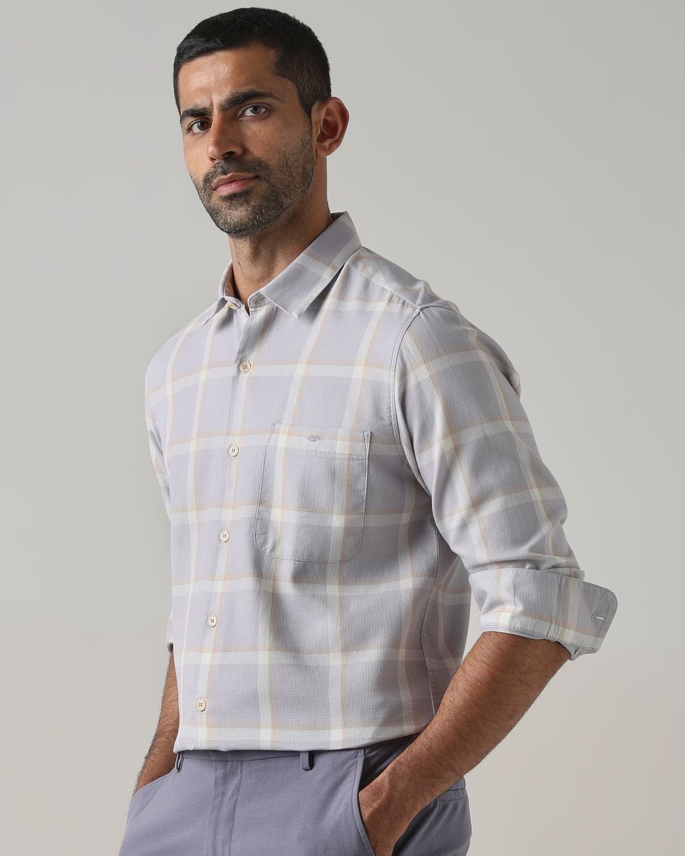 Lilac Textured Check Slim Fit Casual Shirt