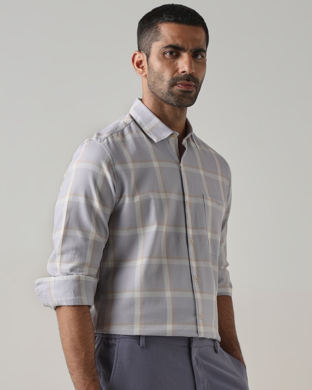 Lilac Textured Check Slim Fit Casual Shirt