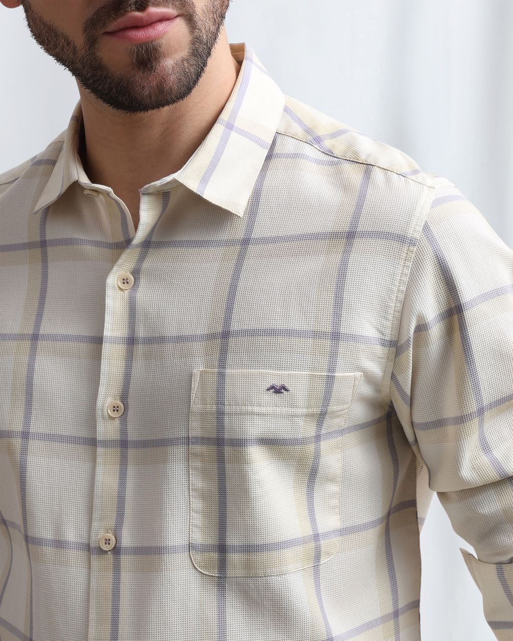 Beige Textured Check Slim Fit Casual Shirt