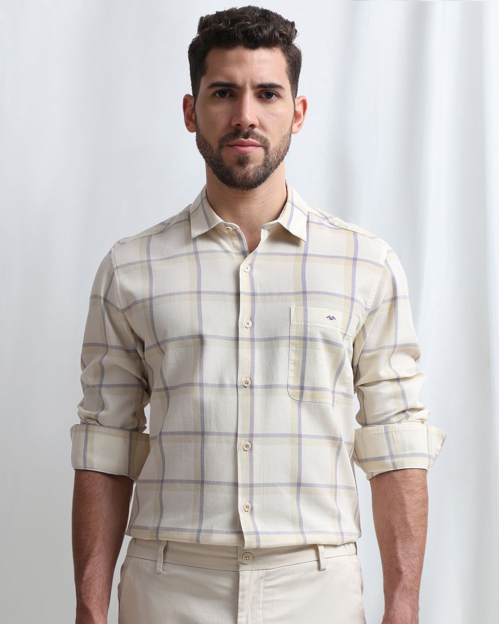Beige Textured Check Slim Fit Casual Shirt