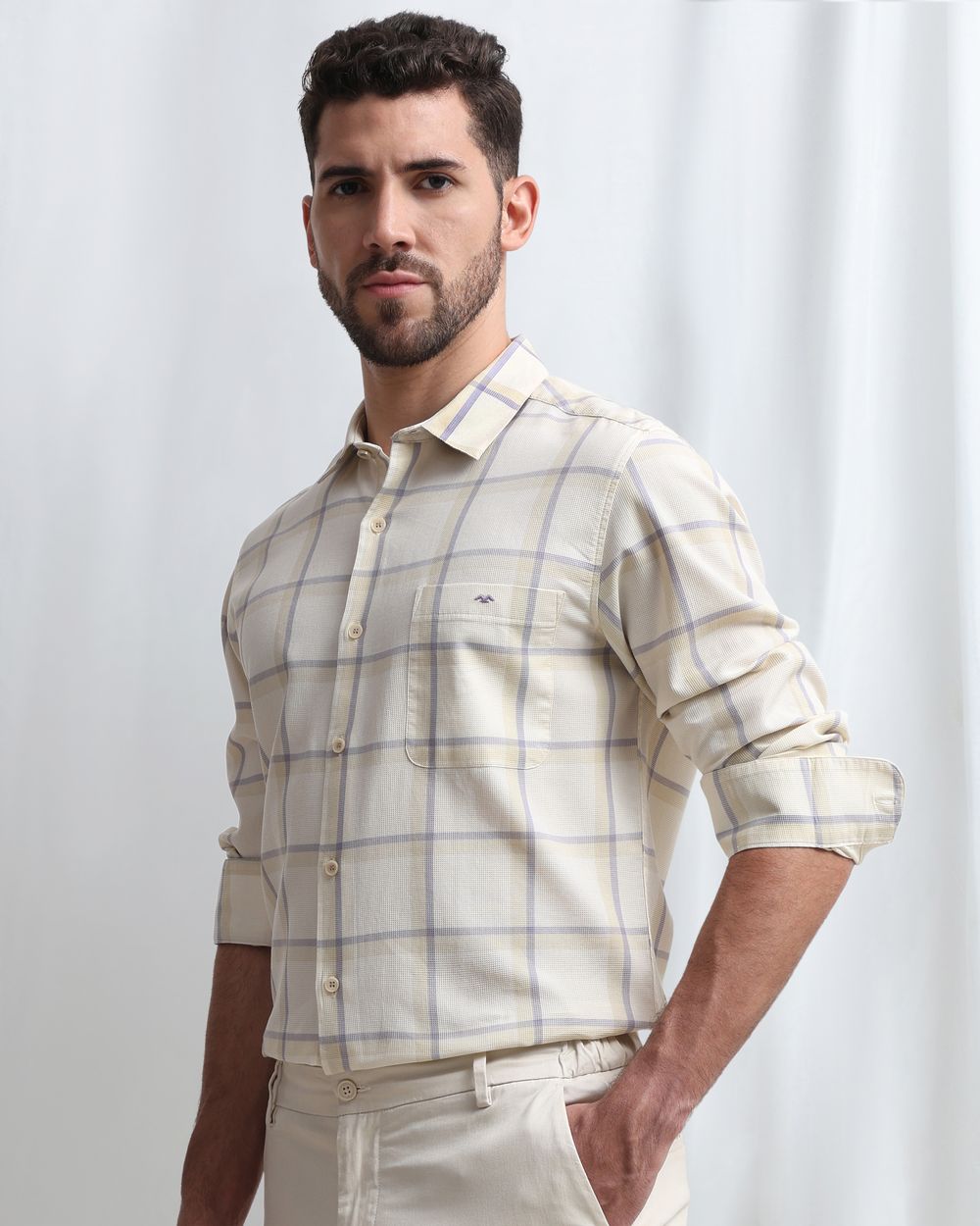 Beige Textured Check Slim Fit Casual Shirt