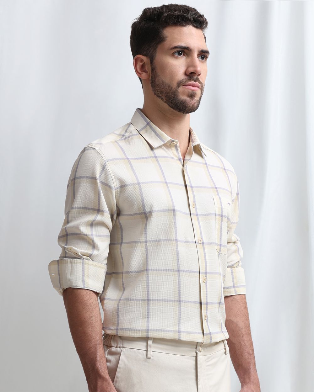 Beige Textured Check Slim Fit Casual Shirt