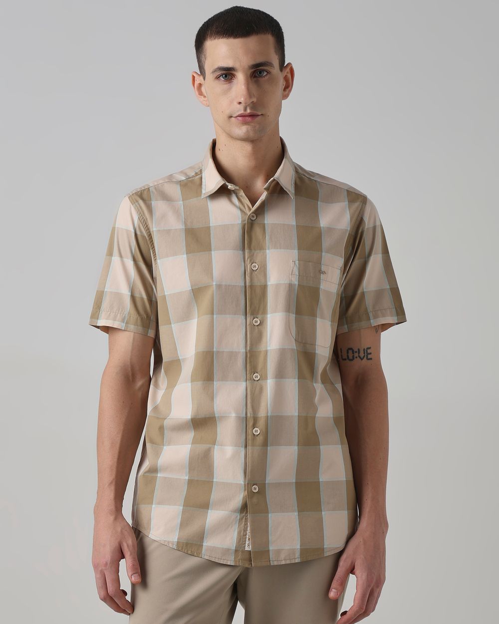 Light Olive Large Check Slim Fit Casual Shirt