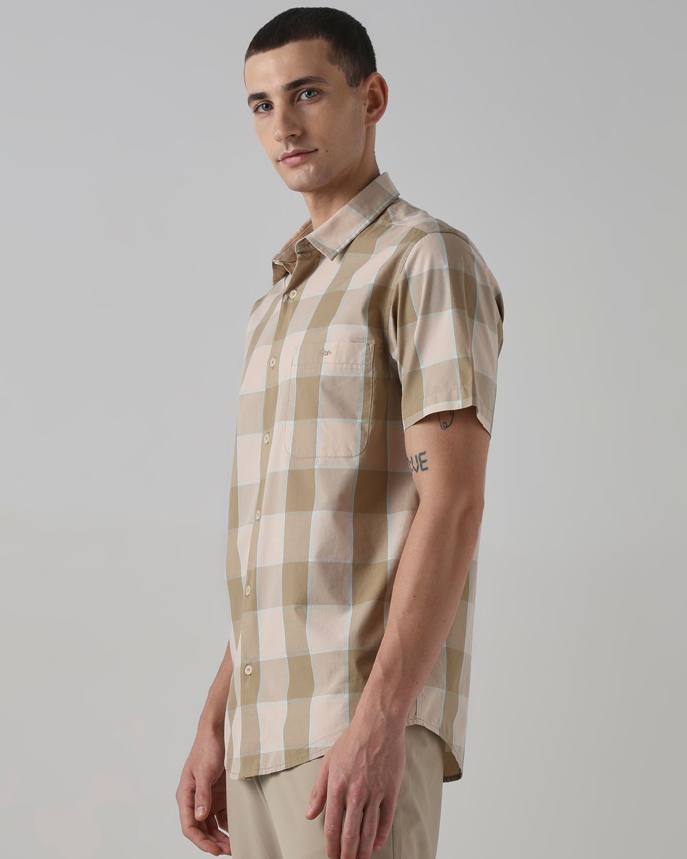 Light Olive Large Check Slim Fit Casual Shirt