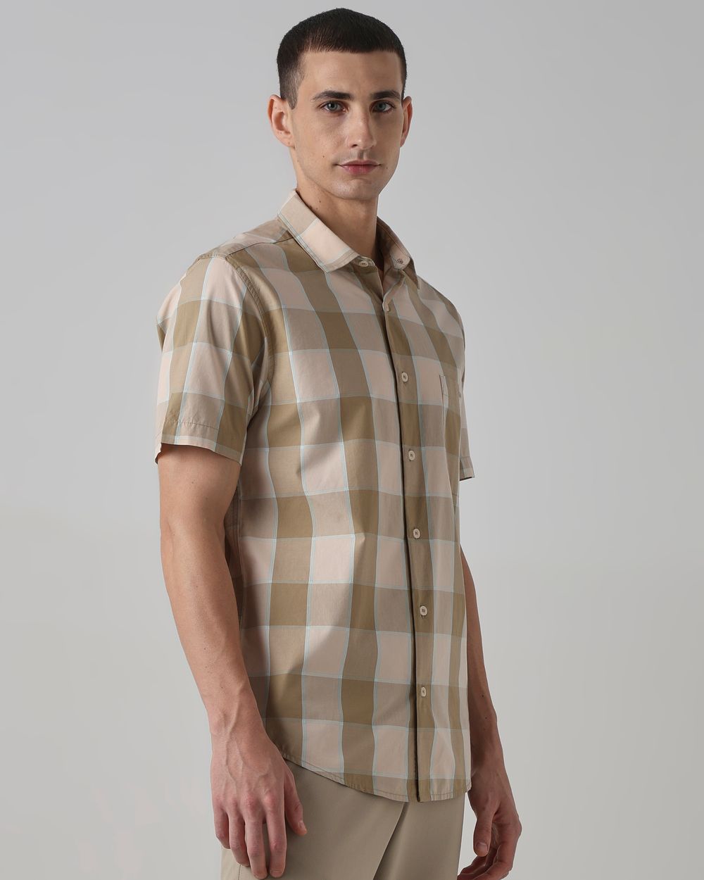 Light Olive Large Check Slim Fit Casual Shirt
