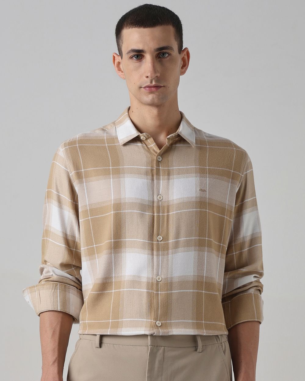 Beige Flannel Check Slim Fit Casual Shirt
