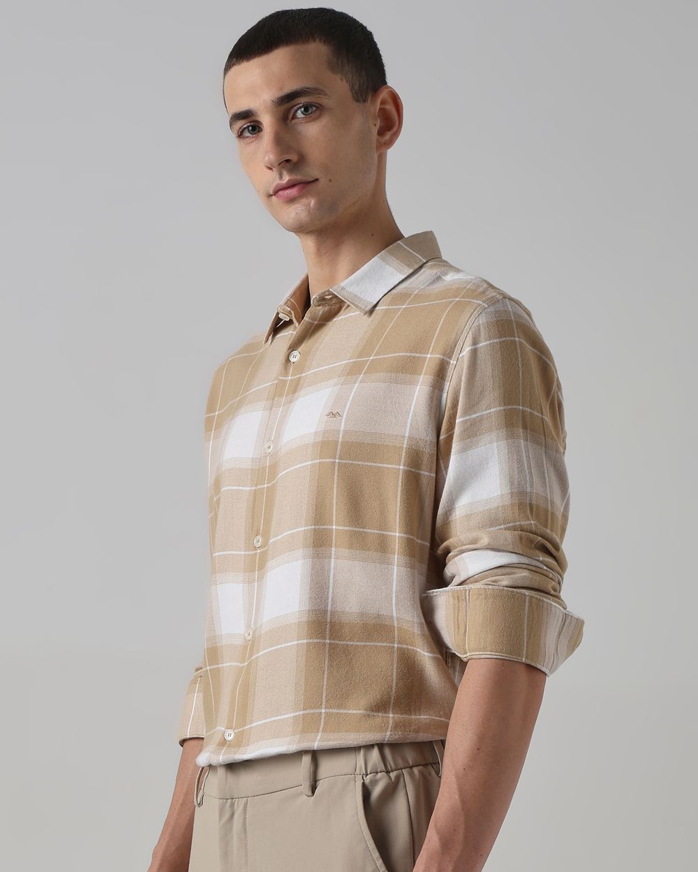 Beige Flannel Check Slim Fit Casual Shirt
