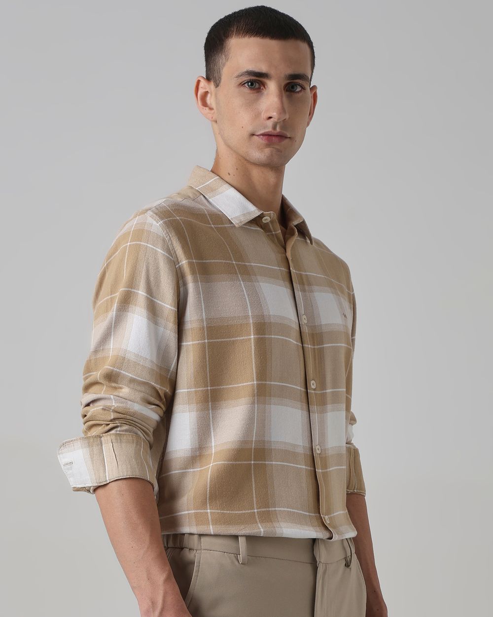 Beige Flannel Check Slim Fit Casual Shirt