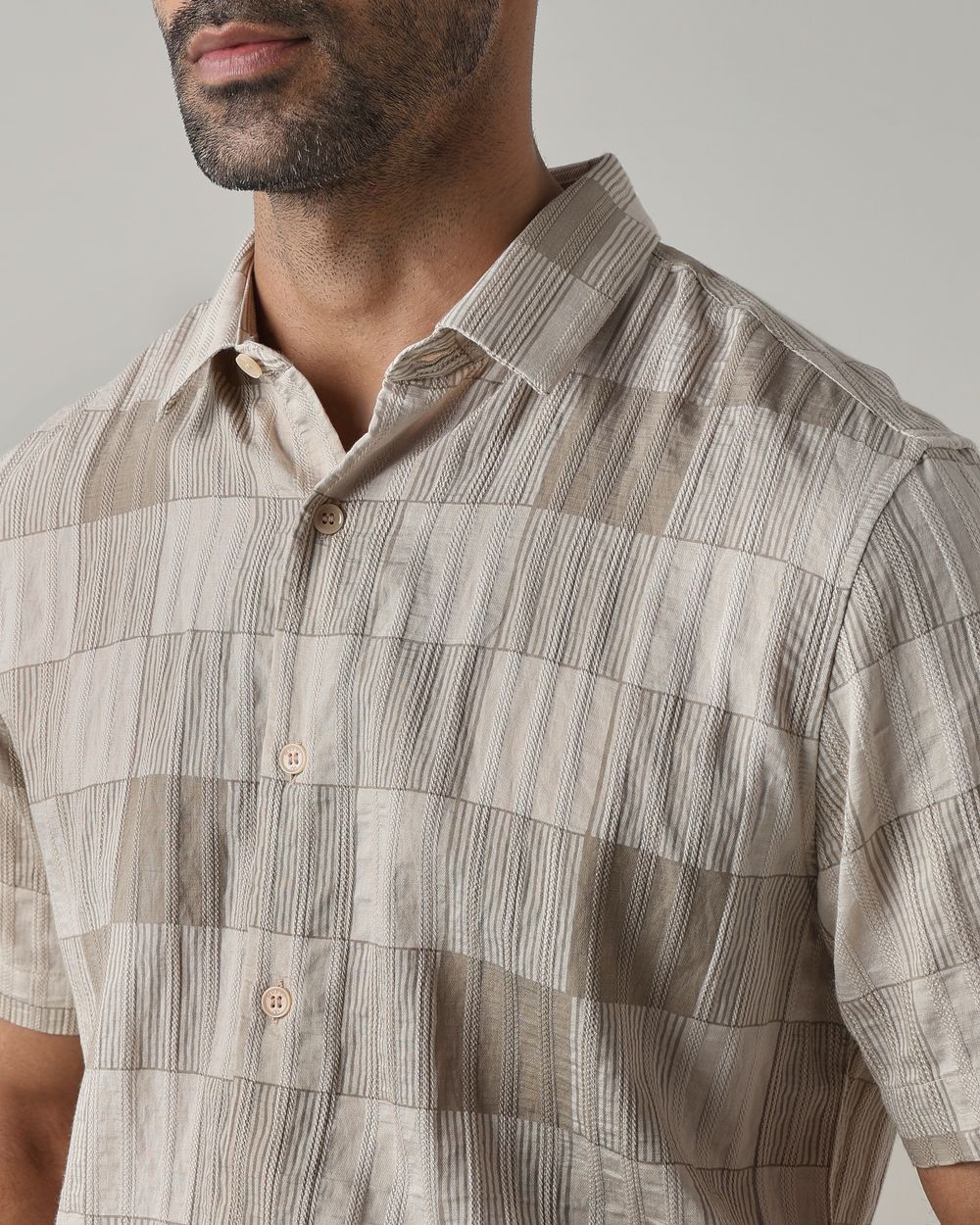 Beige Textured Check Slim Fit Casual Shirt