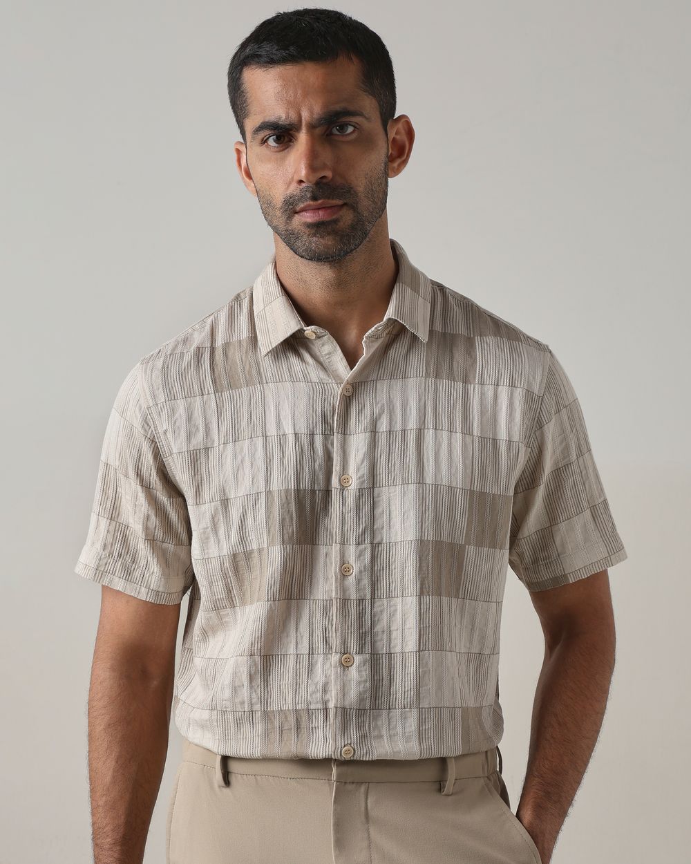 Beige Textured Check Slim Fit Casual Shirt