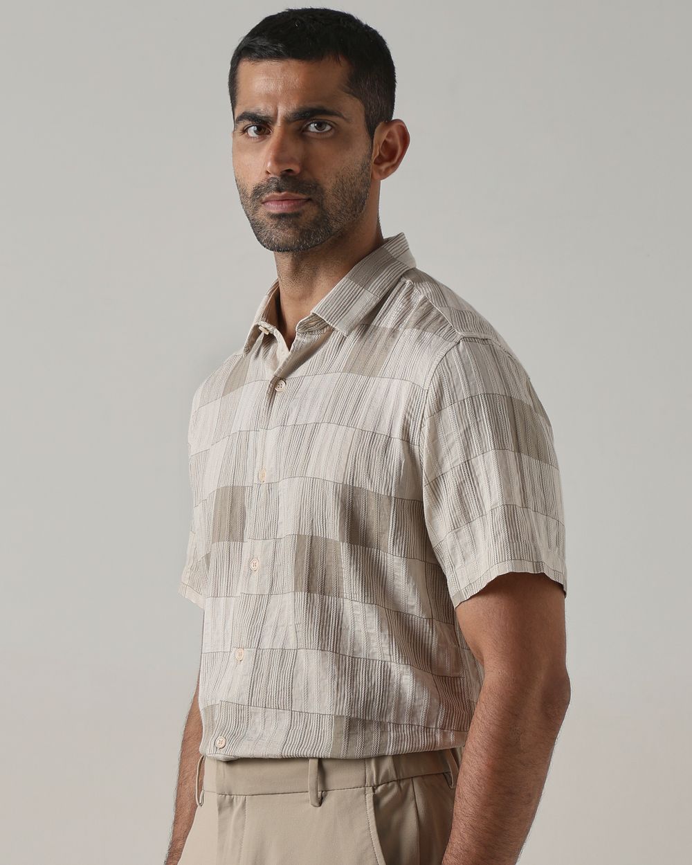 Beige Textured Check Slim Fit Casual Shirt