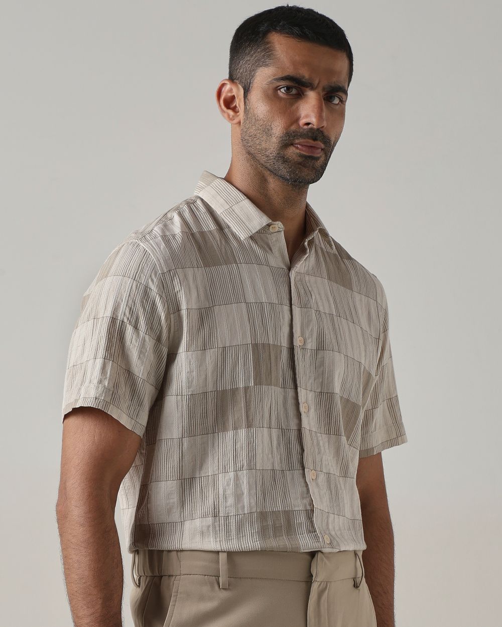 Beige Textured Check Slim Fit Casual Shirt