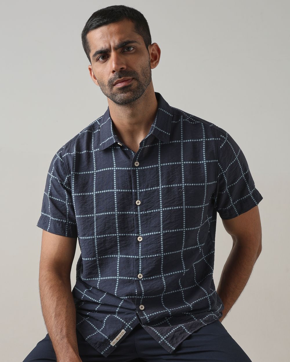Navy Square Check Slim Fit Casual Shirt