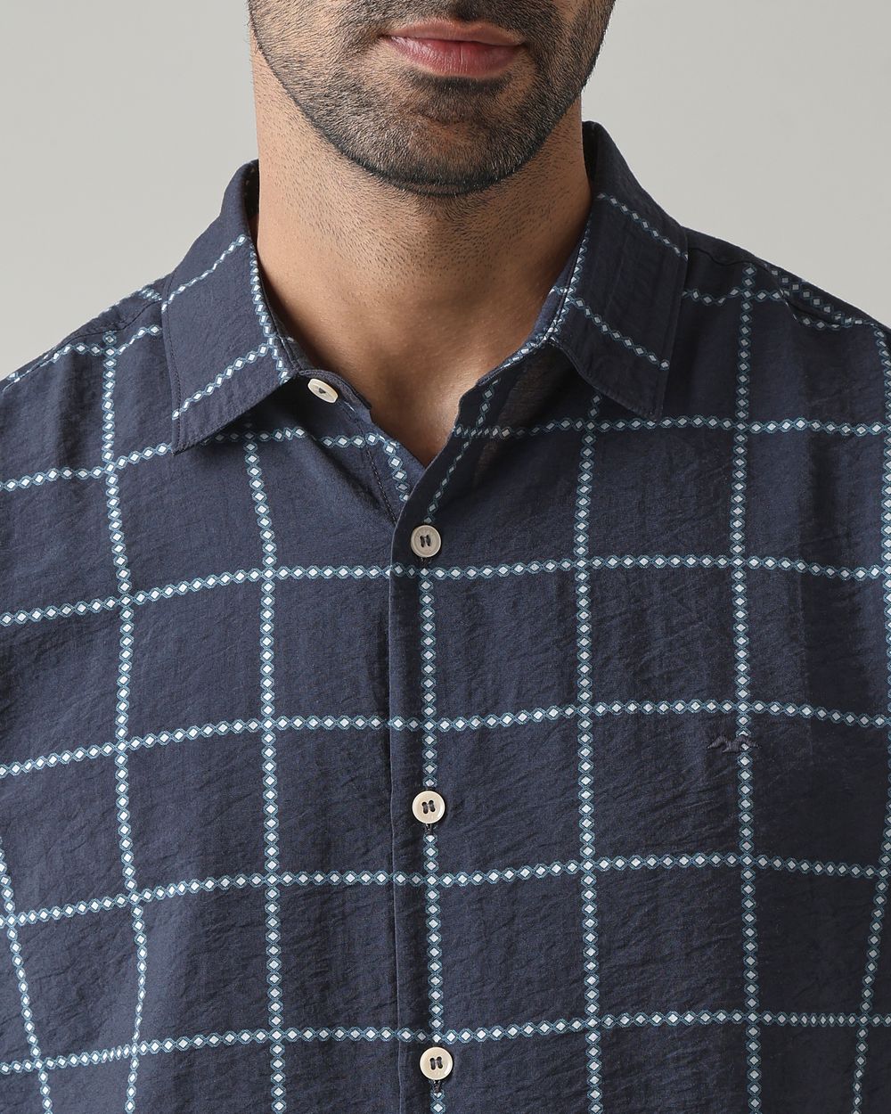 Navy Square Check Slim Fit Casual Shirt