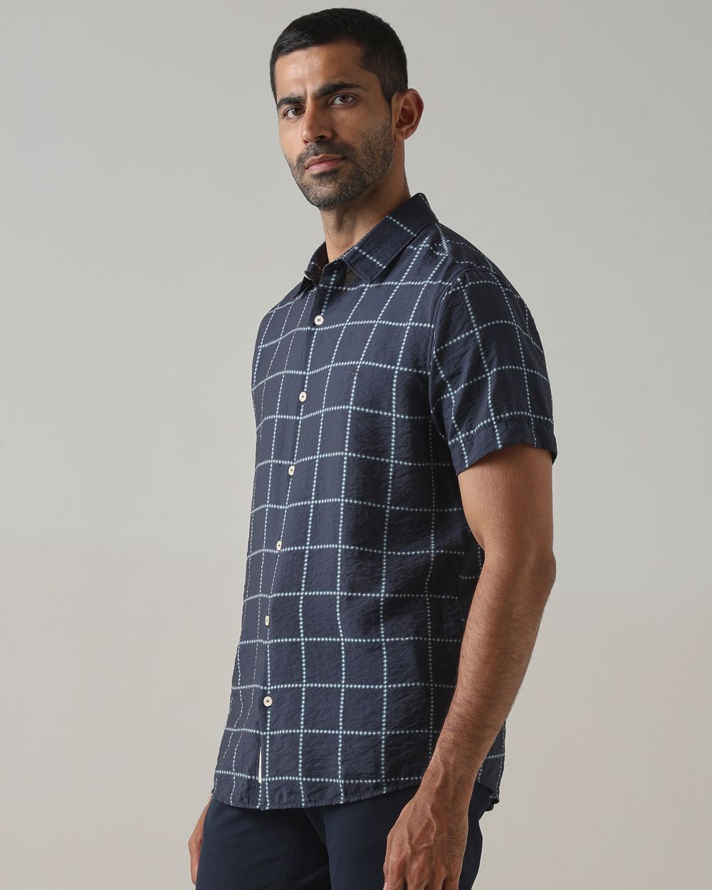 Navy Square Check Slim Fit Casual Shirt