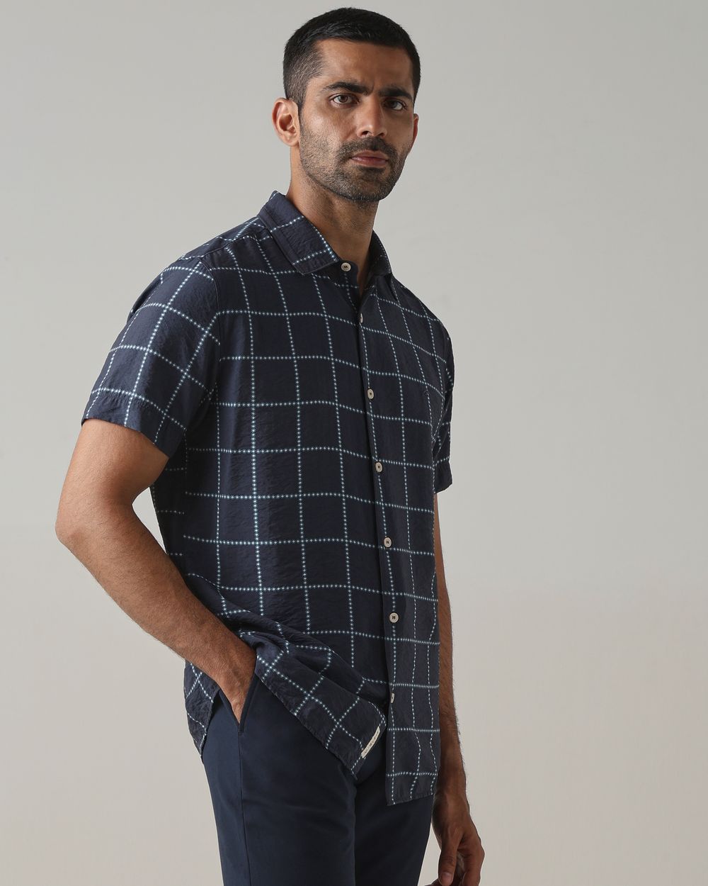 Navy Square Check Slim Fit Casual Shirt