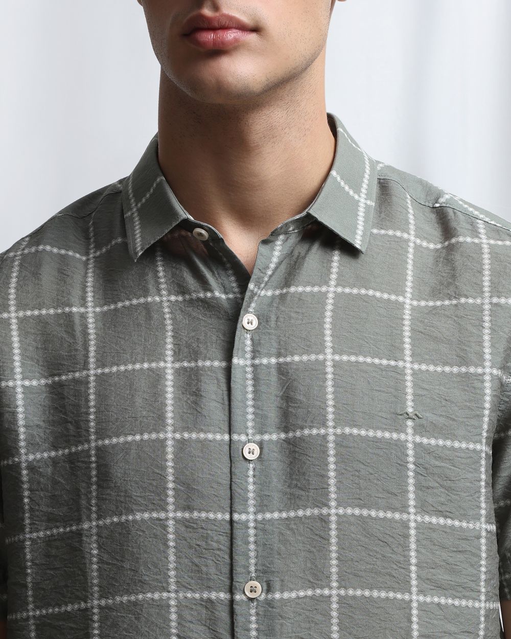 Olive Square Check Slim Fit Casual Shirt
