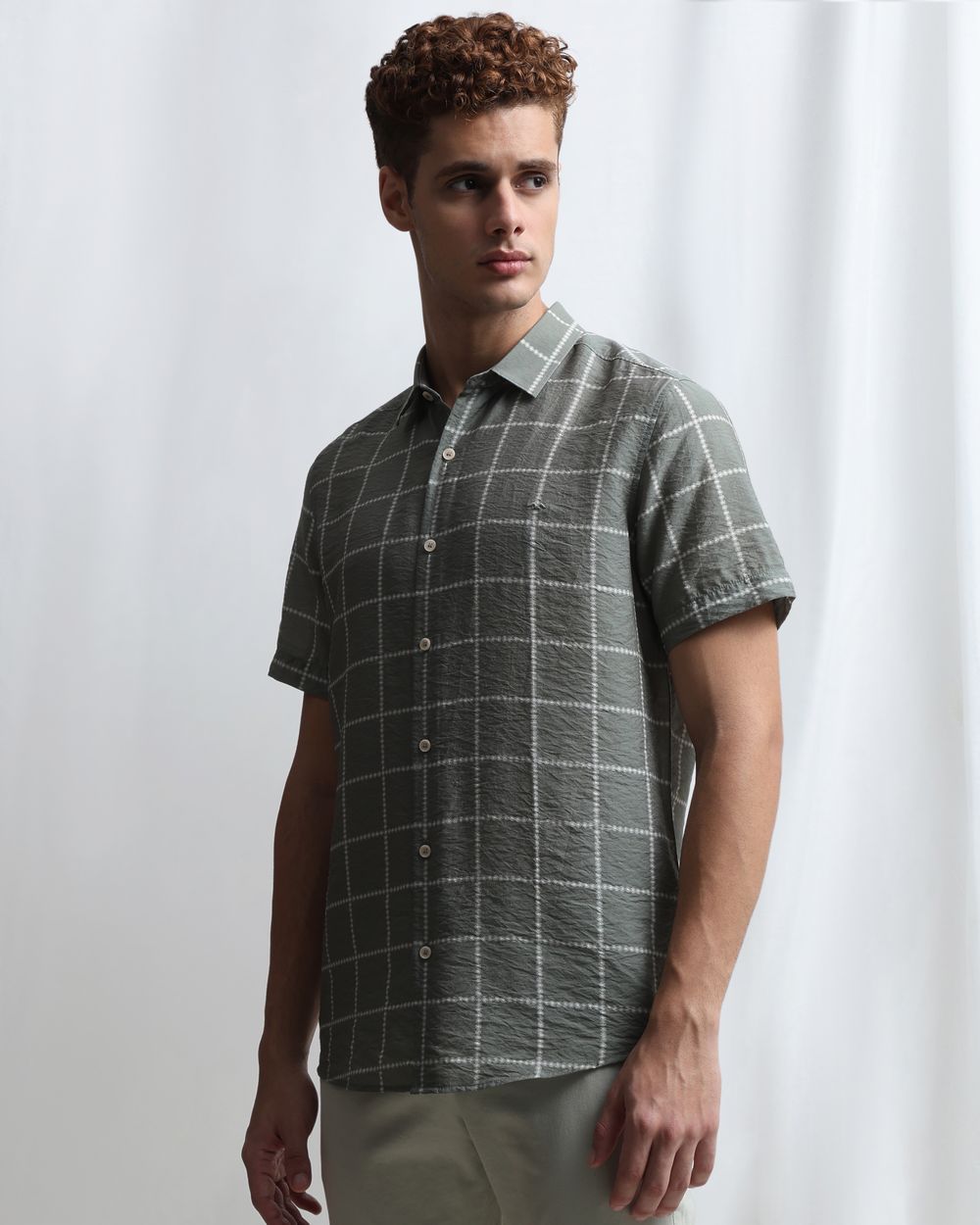 Olive Square Check Slim Fit Casual Shirt