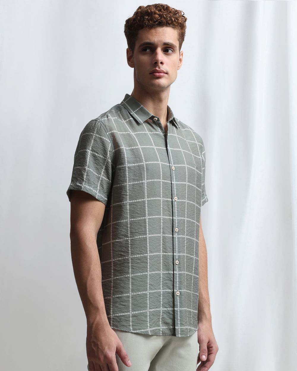Olive Square Check Slim Fit Casual Shirt