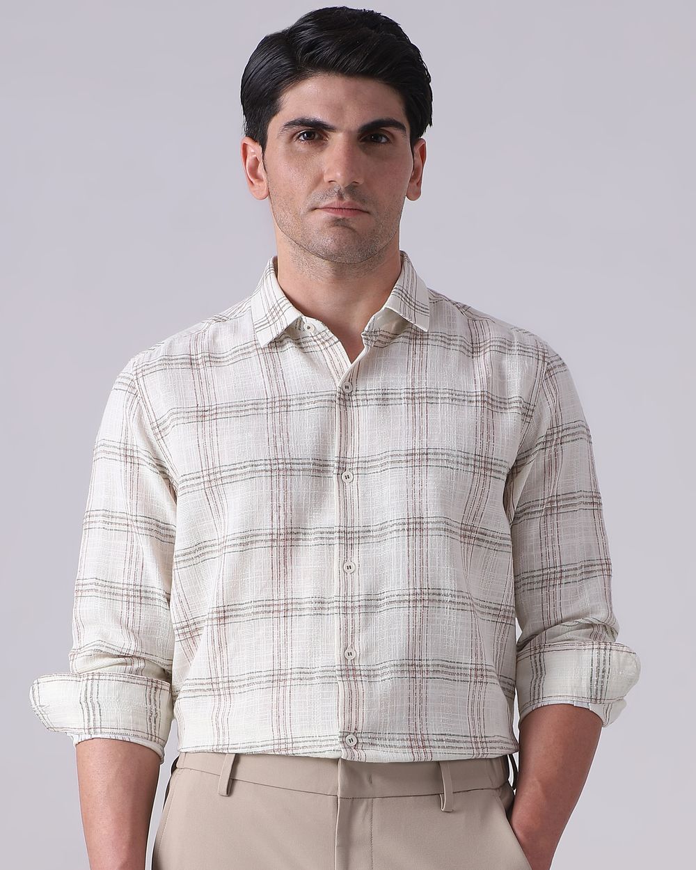Light Brown Dobby Check Slim Fit Casual Shirt