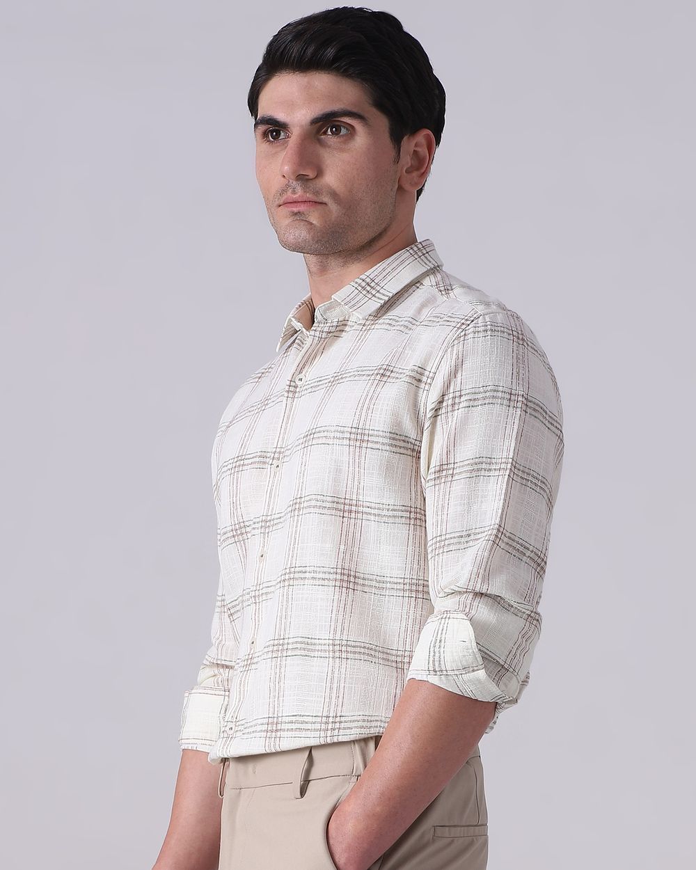 Light Brown Dobby Check Slim Fit Casual Shirt
