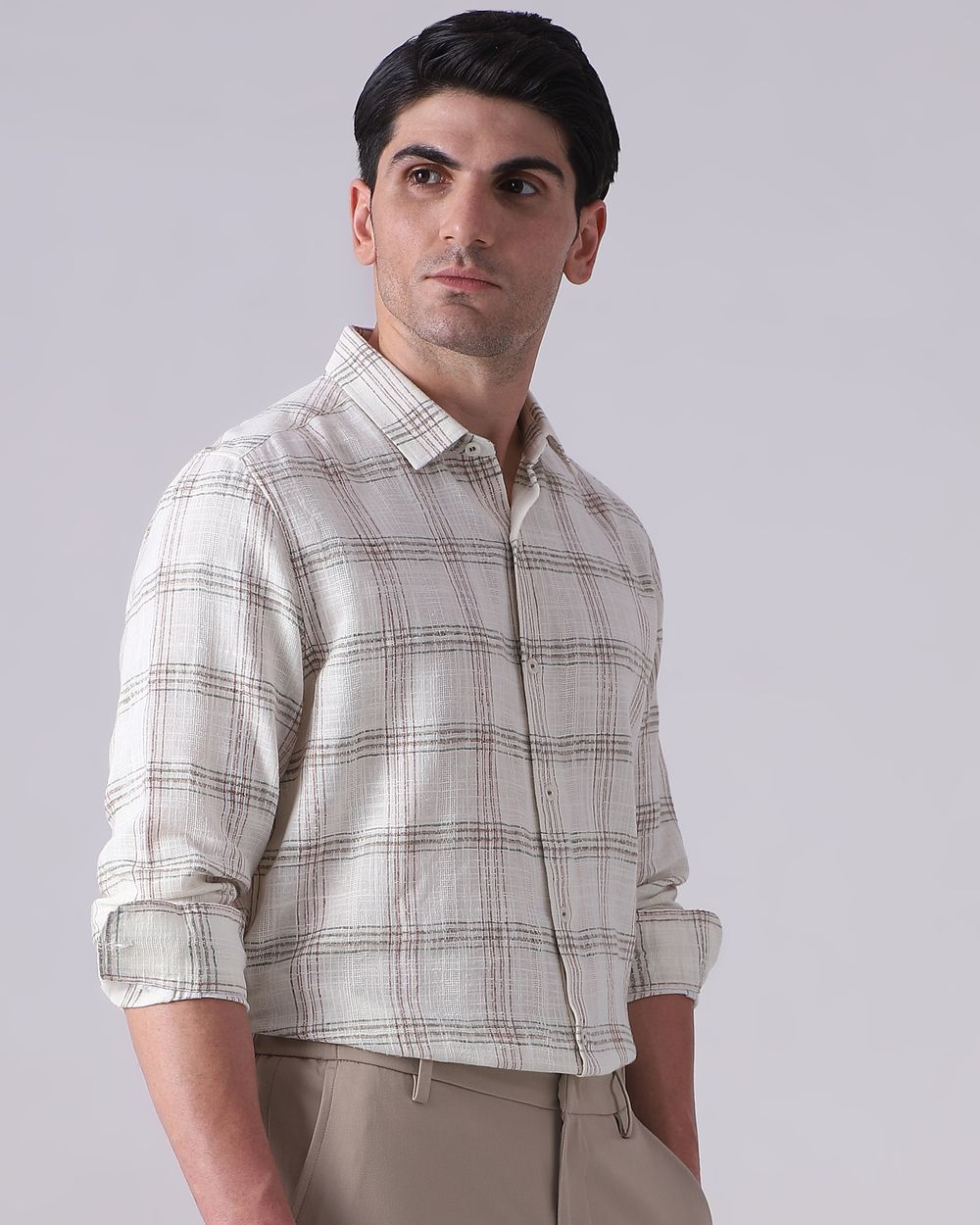 Light Brown Dobby Check Slim Fit Casual Shirt