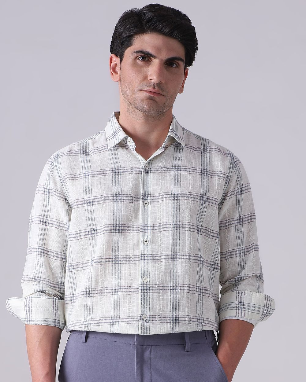 Teal Dobby Check Slim Fit Casual Shirt