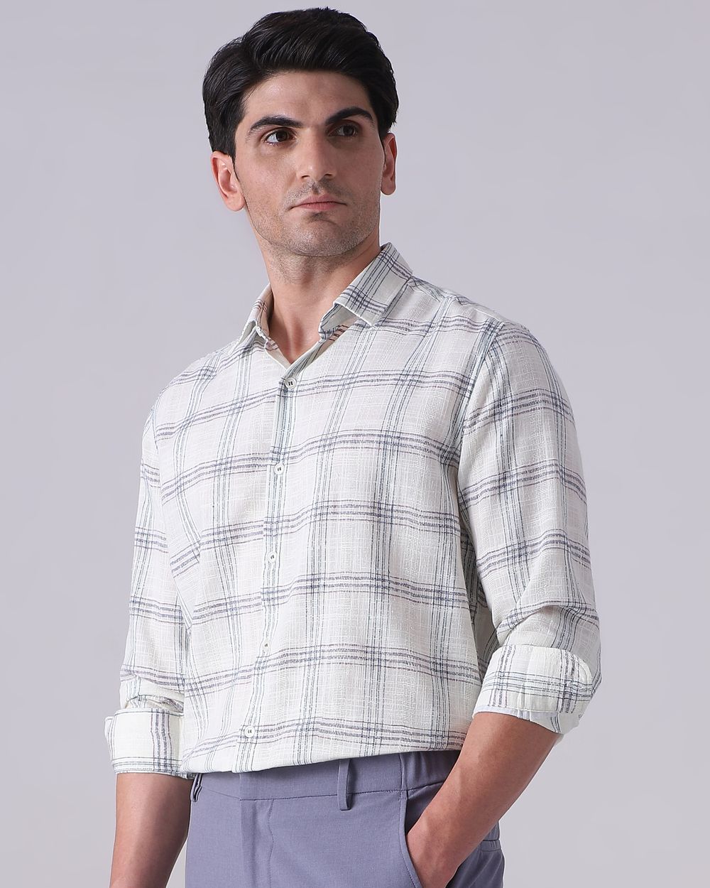 Teal Dobby Check Slim Fit Casual Shirt