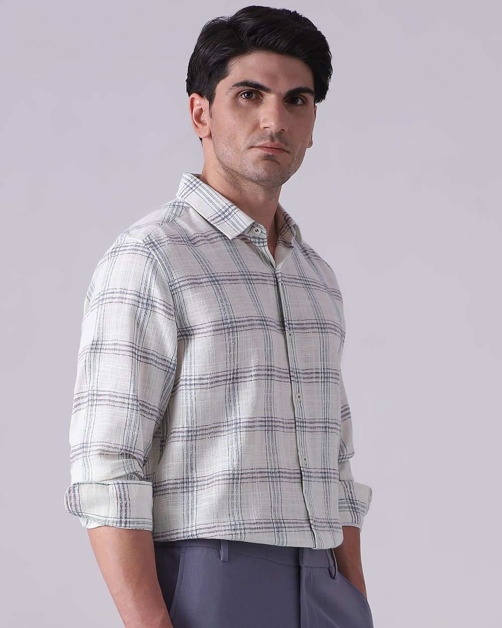 Teal Dobby Check Slim Fit Casual Shirt
