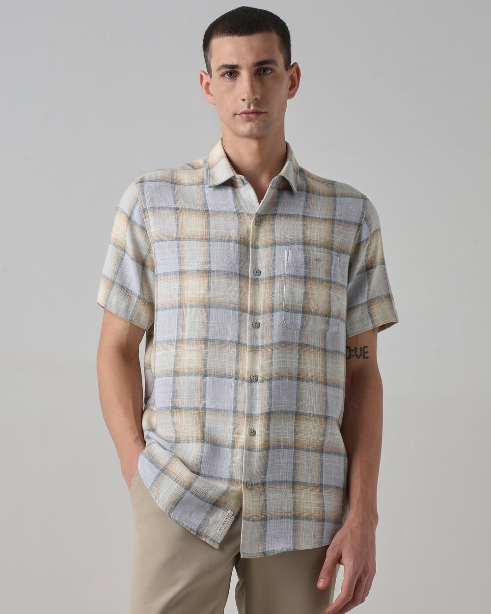 Beige Square Check Slim Fit Casual Shirt