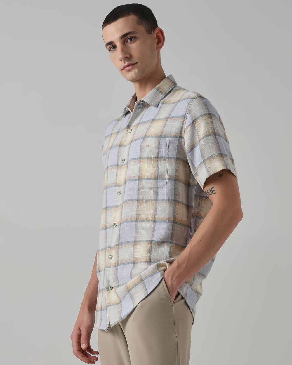 Beige Square Check Slim Fit Casual Shirt