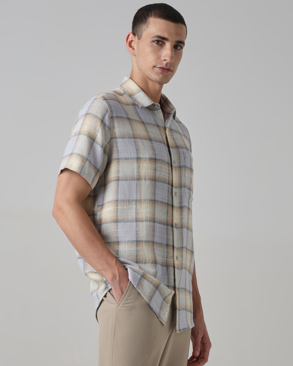 Beige Square Check Slim Fit Casual Shirt