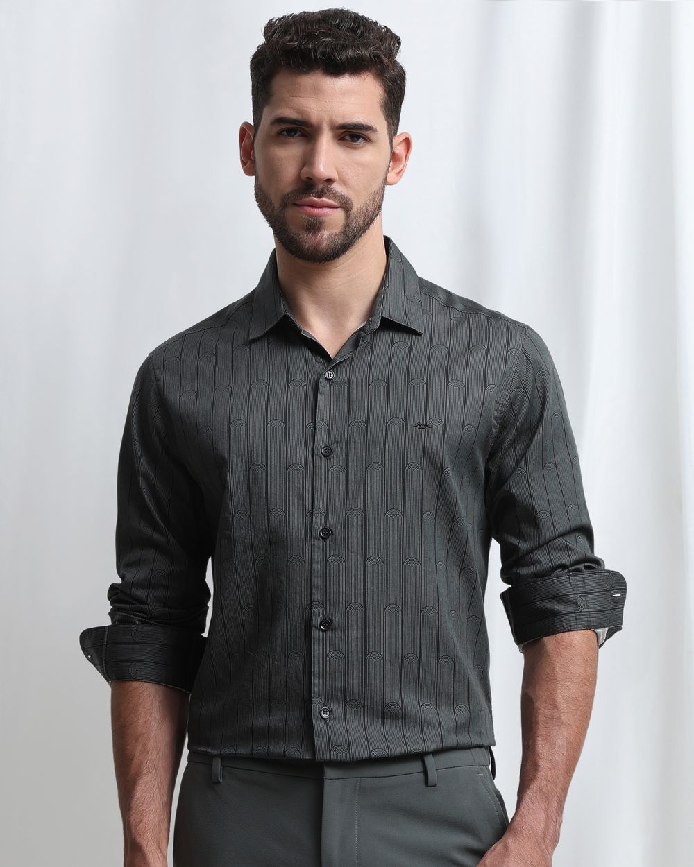 Dark Green Satin Stripe Slim Fit Casual Shirt