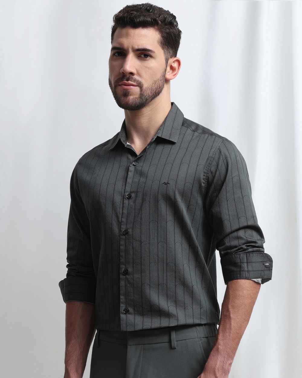 Dark Green Satin Stripe Slim Fit Casual Shirt