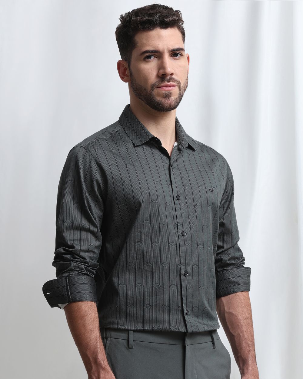 Dark Green Satin Stripe Slim Fit Casual Shirt