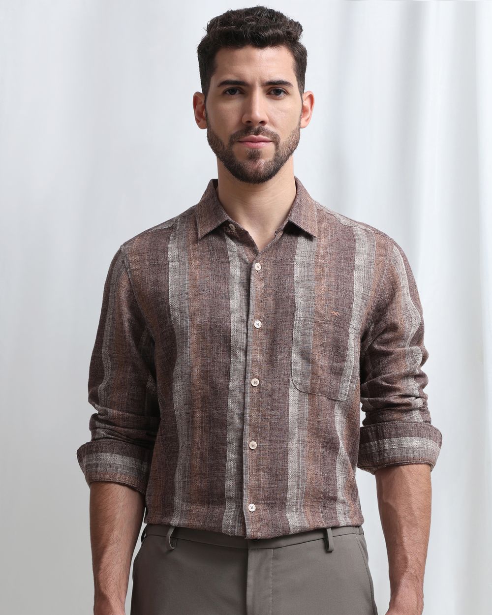 Brown Dobby Stripe Slim Fit Casual Shirt